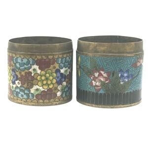 Antique Pair of Cloissone Enamel on Brass Floral Jars No Lids 19th Century